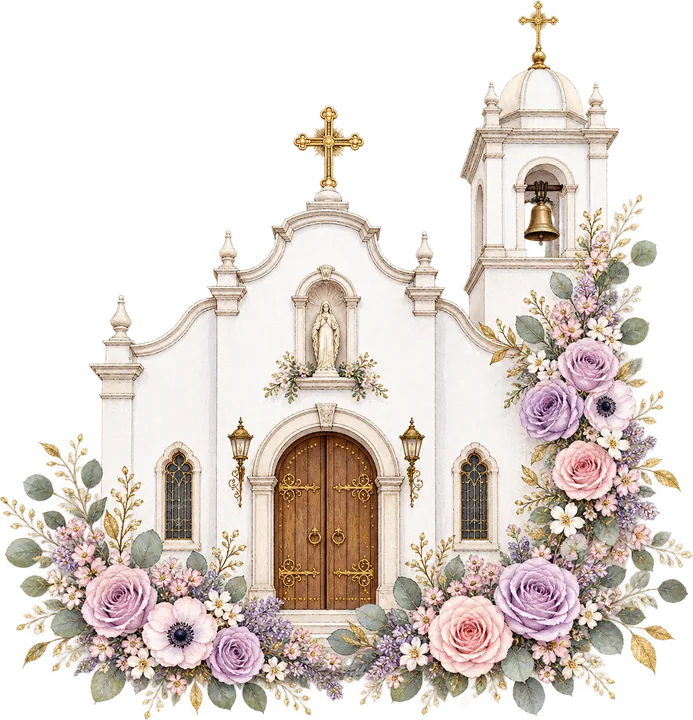 Ilustración de una iglesia rodeada de flores lila