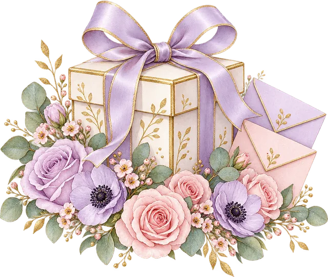 Ilustración de una caja de regalo con lazo lila