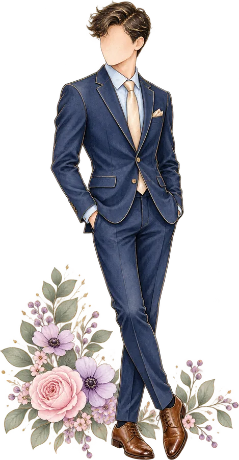 Ilustración de un joven con traje azul marino