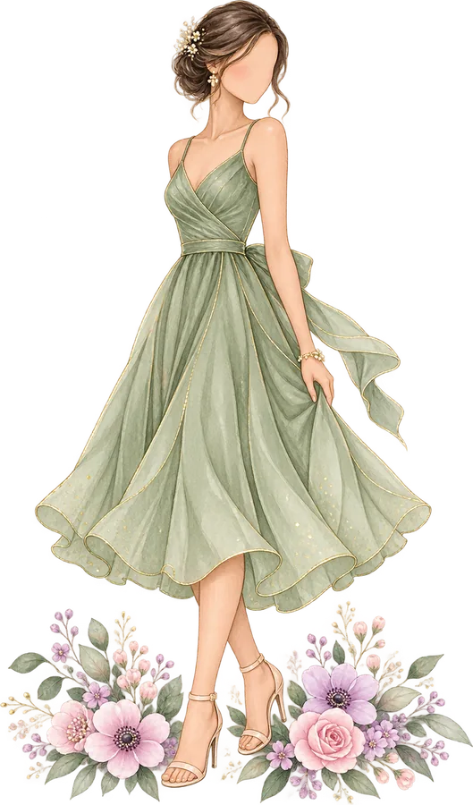 Ilustración de una joven con vestido verde salvia semi formal